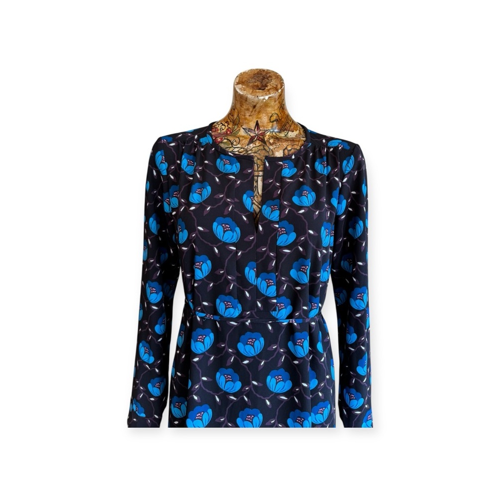 LOFT dress black blue floral sash medium long sleeve - Picture 2 of 11